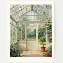 an achingly beautiful print of the interior of a victorian greenhouse, and one small potted plant by Raphael, Hopper, and Rene Magritte. detailed, romantic, enchanting, trending on artstation.