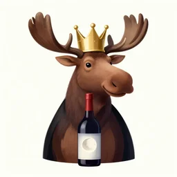 queen moose wearing crown, moon, wine label
