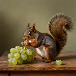 A squirrel stealing grapes in the style of a Dutch still life
