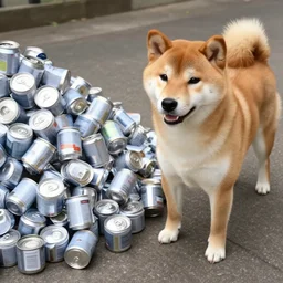 shiba inu passed out next to pile of small, aluminium canisters. realistic