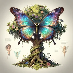 Ancient fairy tree dragon, character design sheet, Monster Hunter Illustrations art book, iridescent butterfly wings, thorns, vines, flowers, faerie, Moebius, Greg Rutkowski, Zabrocki, Karlkka, Jayison Devadas, Phuoc Quan, trending on Artstation, 8K, ultra wide angle, zenith view, pincushion lens effect.