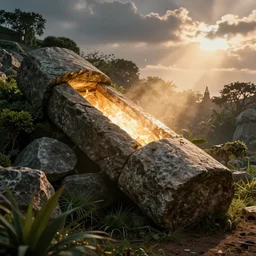 cinematic still outside of the garden tomb with stone rolled away, heavenly light coming from the opening, just before dawn, dynamic angles, miracle, magical, wondrous, Biblical epic movie directed by J.J Abrams