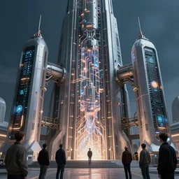 exterior of scifi temple, machines, architecture, cult of artificial intelligence, ultra realistic, gaming computers, highly detailed, atmosphere, masterpiece, concept art, glowing wires, transparent objects, cyberpunk, highlighted, 4 k, cinematic, art by patryk olkiewicz and chris ostrowski and liang yao