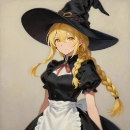 portrait of marisa kirisame is young witch with blonde hair with single braid and golden yellow eyes, wearing black vest and skirt, white waist apron and undershirt, and pointed black witch hat, thoma greg rutkowski michael whelan nekro illustrated art by ashley wood, detailed painting, shimmer oil on canvas artstation