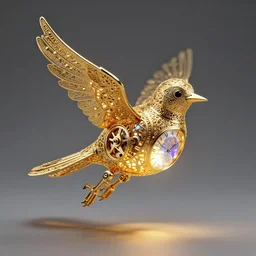 hollow gold filigree bird robot, with a bright gemstone inside it. visible clockwork, bright internal light, flying, detailed 8 k, fantasy, award - winning photography trending on artstation, cgsociety, deviantart