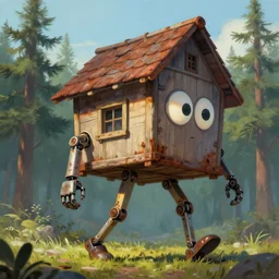 a walking mech wood house with two mechanical legs and two big eye on a wall and a roof, rust, hyperrealistic, highly detailed, cinematic, single ray of sun, morning, pareidolia, dynamic composition, from gravity falls, anime style, beautiful, pine trees in the background, cgssociety, artstation, 8 k, oil painting, digital art
