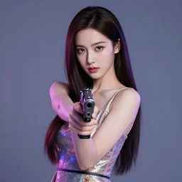 portrait of woman in an elegant dress holding a gun, long straight hair, colourful, pretty face, intimidating expression, glowing eyes, anime style by rossdraws, artgerm and greg rutkowski, 4 k, graphic design, adobe illustrator, behance, trending on pixiv