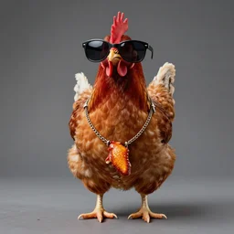 chicken wearing sunglasses and Chicken wing necklace, studio lighting