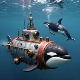 A steampunk submarine swimming beside an orca, realistic, steampunk, ocean