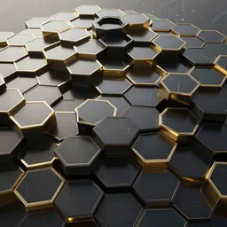 procedural chaotic pattern of 3 d hexadonal scifi architecture, reflective black and gold, inspired by deus ex human revolution, render in octane