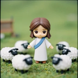 scene of jesus shepard with sheeps on a meadow as nendoroid, kodak film