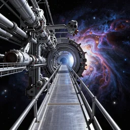 orbital walkway, view of the cosmos, futuristic, mechanical, alive, technological, utopia, highly intricate, art by Tom Bagshaw