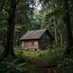a cottage in the woods and empty woods, 35mm lens, 8k, fantasy, hyper realistic, dramatic lighting, cinematic