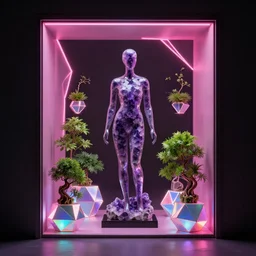 beautiful mannequin sculpted out of amethyst by billelis + lit with geometric neon + iridescent geometric cubed bonsai plants!!!!, doorway opening with neon pink geometric light, clean linework, dramatic, finely detailed, rule of thirds, moody, award winning, 4 k, trending on artstation, photorealistic, volumetric lighting, octane render