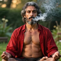 mr robert smoke weed and meditate in the garden, he has dark grey hairs, detailed glad face, muscular chest, visible belly, golden hour closeup photo, red elegant shirt, eyes wide open, ymmm and that smell