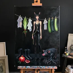 painting of a black painted canvas, on an easel in a dark artist's studio with black walls, tall emo catgirl, wet black clothes, hemp rope, bromeliad, clothes hanging on a clothesline to dry, 6 black boots, pomegranate, a black pig, courgette, black octopus, sensual, acrylic and oilstick on canvas