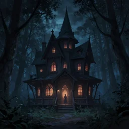 frightening witch house in the dark woods, at night, behance hd by jesper ejsing, by rhads, makoto shinkai and lois van baarle, ilya kuvshinov, rossdraws global illumination