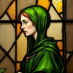 side - view portrait of triss merigold, green clothes, tenth century stained glass window, very masterful