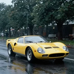 1982 photograph of a single Ferrari GTO, raining, wet and reflective, movie still, cinematic Eastman 5384 film