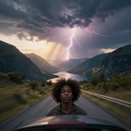 black trans - am driving towards the camera, mountain, valley, breathtaking mountains, lake, dynamic, sunrise, cinematic, motionblur, sunbeams, volumetric lighting, wide shot, low angle, large lightning storm, mindflayer, mindflayer stranger things