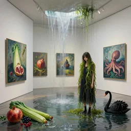 painting of a flooded modern art gallery and a tall emo girl wearing seaweed, art gallery interior, paintings melting and dripping, waterfall, pomegranates, courgette and asparagus, octopus, zen, black swans, berries, 2 0 mm lens, surrealist, by magritte and monet