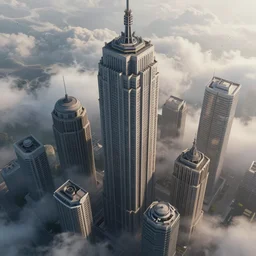 skyscrapers, dramatic lighting, wispy clouds, small birds in a distance, artstation, digital art, ultra detailed, top view