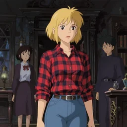 portrait of a woman searching a haunted house, blonde, plaid shirt, jeans, horror, film still, finely detailed features, baroque, digital painting, studio ghibli, tankobon, painted by makoto shinkai and takashi takeuchi and akihiko yoshida,