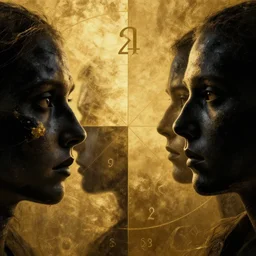 only faces, in liminal space, golden and black accents, golden ratio, numerology, existential crisis, anti - horror, anti - villain