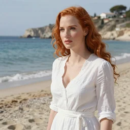 detailed cinematic shot of jessica chastain with white clothes in the mediterranean beach, spring light, painting by gaston bussiere, craig mullins, j. c. leyendecker