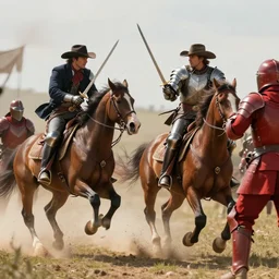 cinematic shot of cowboy outriders on horseback wearing suits of armor and cowboy hats fighting with swords in battle against enemies in red armor by Greg Rutkowski, 4k, masterpiece