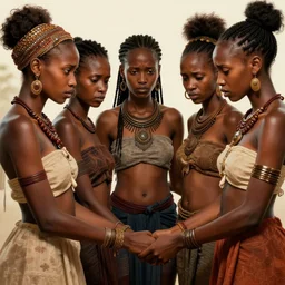 beautiful Zulu goddesses holding hands, focused, worried, highly detailed, artstation, concept art, sharp, illustration, art by Edgar Maxence and Ross Tran and Michael Whelan
