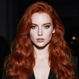 perfect glamour model, long red wavy hair, perfect lips, pale skin, symmetrical face, dramatic, night, magazine cover, strong, photographic