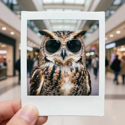 super awesome head to shoulder portrait polaroid film photograph of an owl in a mall wearing aviator shades. super resolution. surreal. extremely detailed. polaroid 6 0 0 film. by annie leibovitz and richard avedon