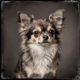 daguerreotype of a cute long - haired chihuahua with striking eyes
