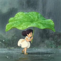 a tiny human being along side fairy, using giant leaf as an umbrella, lots of rain 4k, in style of studio ghibli, anime