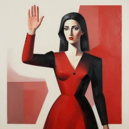 a woman waving, red black colour scheme, highly detailed, constructivism