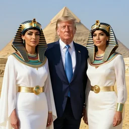 donald and melania trump as egyptian king and queen, elegant, majestic, powerful, pyramids, anunaki, hieroglyphs, lush, rainforest, river, green, river god, wilbur smith, gold, trump tower