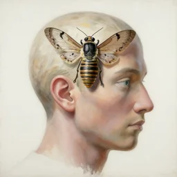 an anatomically accurate human head and moth, painting, katsuhiro otomo, moebius, noah bradley, hiroshi yoshida, dan mcpharlin, peter mohrbacher, druillet, tsutomu nihei, katsuya terada, paul pope, roger dean, manga style, flat colors, artstation, 8 k, lineart,