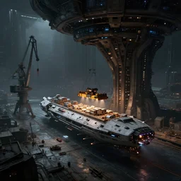 sci - fi landscape dark spaceships docking heavy industrial, shipping port, spaceship cargo freighters, cargo loading cranes, fantasy, sci - fi, by wadim kashin