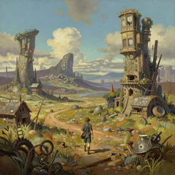 fantasy wasteland, extremely detailed oil painting, unreal 5 render, rhads, Bruce Pennington, Studio Ghibli, tim hildebrandt, digital art, octane render, beautiful composition, trending on artstation, award-winning photograph, masterpiece