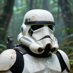 a telephoto headshot of star wars imperial dirty muddy heavy stormtrooper robot on patrol through iridescent jungle, smoke, fire, volumetric lighting, deathstar, battle action pose, rim lighting, sunrise, thomas kinkade, ralph mcquarrie, greg rutkowski, octane, 8 k