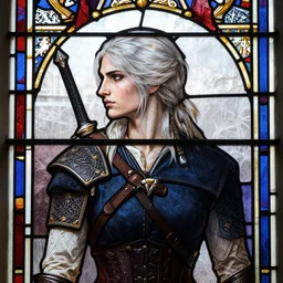 side - view portrait of ciri from the witcher 3, 1 2 th century stained glass window, very masterful