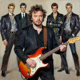 jack black with electric guitar, portrait palette knife painting by john singer sargent, frank frazetta, craig mullens, donato giancola, fashion photography