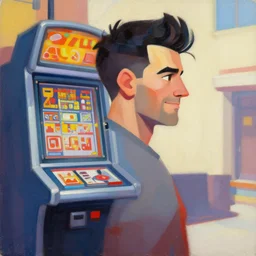 greg manchess portrait painting of half man half casino game automat as overwatch character, medium shot, asymmetrical, profile picture, organic painting, sunny day, matte painting, bold shapes, hard edges, street art, trending on artstation, by huang guangjian and gil elvgren and sachin teng