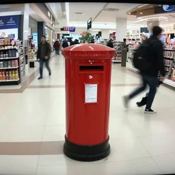 a letter box with human legs running around in a shopping center, cctv footage