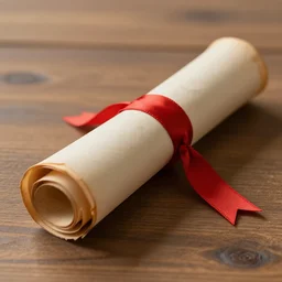 a rolled up, weathered papyrus scroll with a red ribbon wrapped around the center, sitting on a wooden table. highly detailed, high res, 8 k, photorealistic