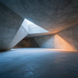 abandoned ancient concrete interior, large open room, gentle blue and orange lighting, futuristic, angular design