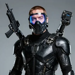 eminem wearing a futuristic full face ballistic mask which is large video screen image of eminem's face, and he is wearing black leather exoskeleton mechanical body armor. a mini - gun is attached to the end of a robot arm that mounted on his shoulder - h 6 4 0