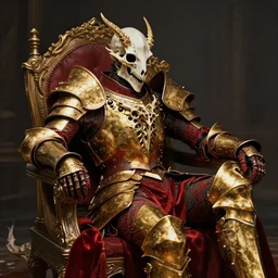 portrait the great death knight dark souls in golden red armor made of polished dragon bones looks relaxed, quantum physics, victorian era