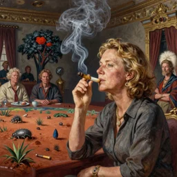 pauline hanson smoking a joint on aboriginal land, royal interior, highly detailed painting extremely beautiful and aesthetic and detailed, with familiar sprites, chiaroscuro, intricate, masterpiece, fantasy illustrations by ilya kuvshinov and jeremy lipking and quentin mabille